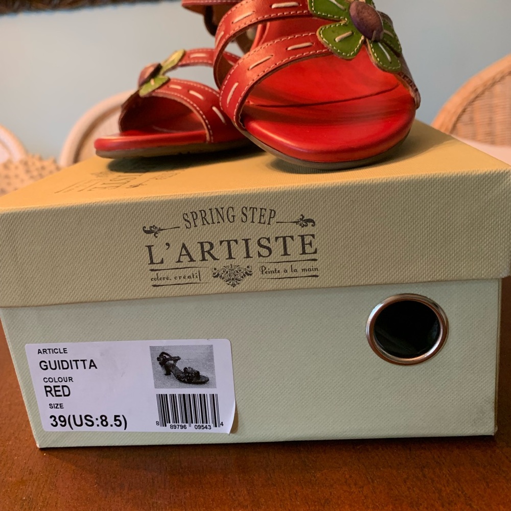Brand New Spring Step L’Artiste Guiditta Red Sandal with Velcro Flower Closure